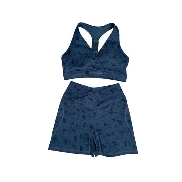 Alphalete Blue Pebble Print Surface Wrap Bra / Core Stride Short 5" Set Size S - Picture 2 of 14